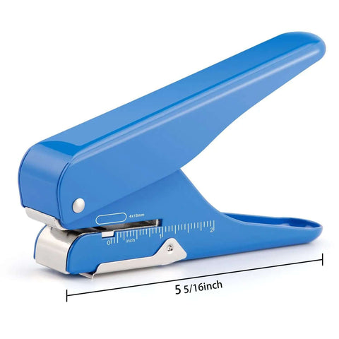 Side view of blue handheld badge slot punch for PVC ID cards, business cards, name tags, and luggage tags with 19/32 by 5/32 inch hole.