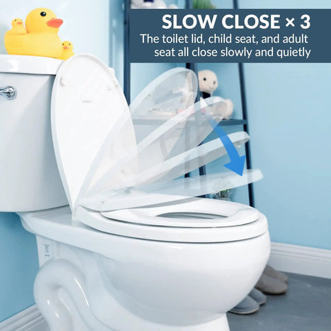 White round toilet seat with slow close and magnetic child seat, shown in a family bathroom with toys on tank.
