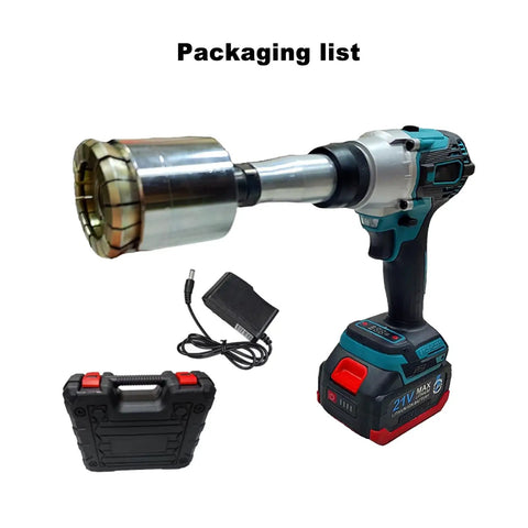 GFJYKDL Cordless Electric Oil Drum Sealer, Automatic Crimper Tool For 200L Barrels with battery and charger in packaging.