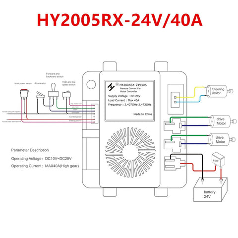 Wiring diagram for 24V Ride On Toy Wiring Harness Conversion Kit With 2.4G Wireless Switch Box, shows connection setup.