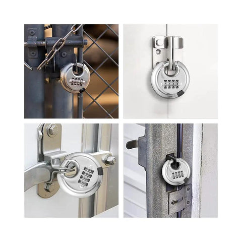 Collage of Heavy Duty Stainless Steel Discus Padlock with 4-Digit Combination, 2-3/4 Inch Wide Body and 3/8 Inch Shackle, 2 Pack on gates
