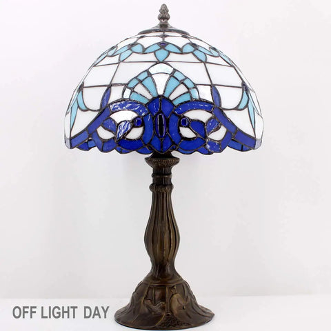 Navy Blue Baroque Tiffany Style Table Lamp With Stained Glass Finish For Desk Bedside Reading Light 12 By 12 By 18 Inches Decor
