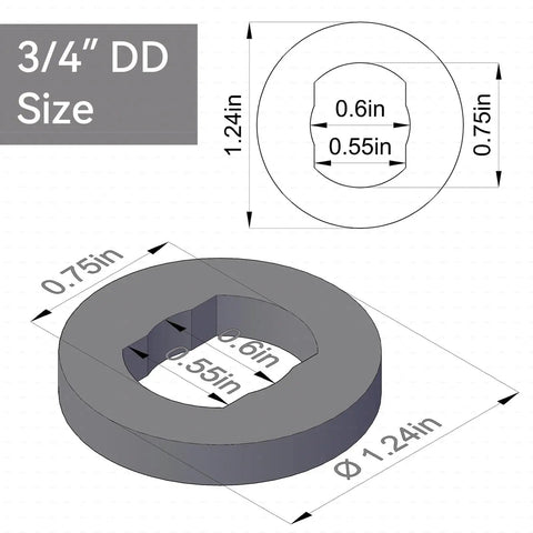 Three Quarters Dd By One Dd Steering Shaft U Joint Replacement with 3/4 inch DD size and detailed measurements.