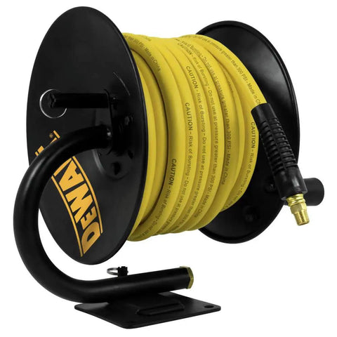 Heavy Duty Manual Hose Reel With Three Eighths Inch By Fifty Feet Rubber Air Hose Oil And Kink Resistant Yellow Frame