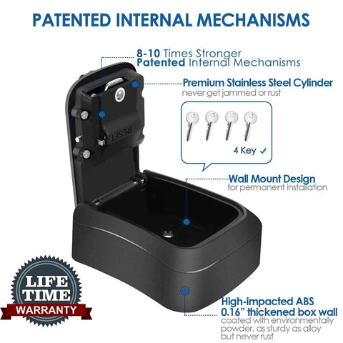 Open 4 Digit Combo Key Safe Box Outdoor Waterproof Wall Mount Lock Box with keys displayed, showcasing patented mechanisms.
