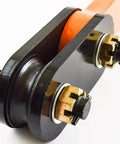 Close-up of Heavy Duty Forged Swivel Hook And Horizontal Steel Plate Lifting Clamp showing details of black body and fasteners.