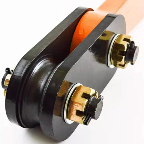 Close-up of Heavy Duty Forged Swivel Hook And Horizontal Steel Plate Lifting Clamp showing details of black body and fasteners.