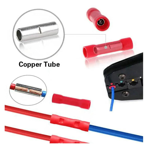Kick Your Wiring Game Up With This 175 Piece Insulated Electrical Wire Connector Kit Packed With Butts Ring Lugs And Crimp Terminals For All Your Auto Or Home DIY Projects That Need A Solid Crimp Every Single Time. Red insulated copper tube wire connector with crimped splice and tool