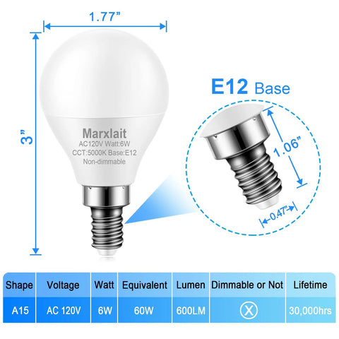 Diagram of 12 Pack E12 Ceiling Fan Light Bulbs, 60W Equivalent, Daylight White 5000K, A15 Size, Non Dimmable, specifications shown
