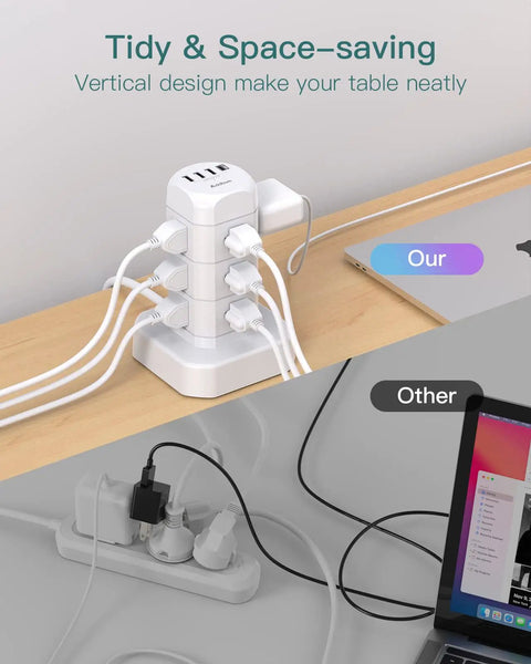 Ultimate 12 Outlet Surge Protector Power Strip Tower with devices plugged in, comparison showing neat desk setup.