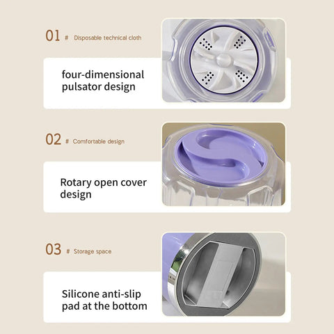 Portable Cordless Laundry Washer With 3000Mah Battery No Sweat Operation For Dorm Rooms And Campout Adventures Hospital Grade Deep Clean Clothes Machine In White showing four-dimensional pulsator and rotary cover.