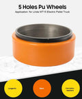 Get Your Electric Pallet Truck Rolling Smooth Again With This Heavy Duty 210X70mm PU Drive Wheel Featuring A Tough 6-Hole Mount For Maximum Traction And Durability On All Forklift Models. Orange PU wheel with 5 holes for Linde MT15 truck.