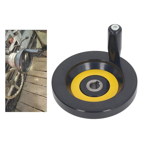 Table Saw Handwheel With Detachable Revolving Handle 14mm Center Hole 125mm Outer Diameter next to workshop setup