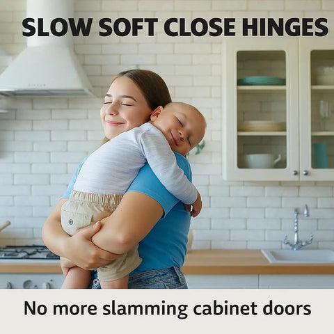 Woman holding baby in modern kitchen promoting Full Overlay European Soft Close Cabinet Hinges for Kitchen Cabinets 40 Pack With 105 Degree Frameless Concealed Door Hinge 8 Way Adjustability Clip On Plate Easy Install No Slam Quiet Operation Durable Build.