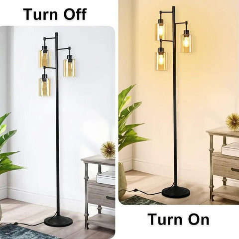 Industrial Tree Floor Lamp With 3 Amber Glass Shades Rustic Tall Standing LED Lamp For Living Room Bedroom Or Office Warm 360 Degree Lighting E26 Base Bulbs Included 67 Inches Tall