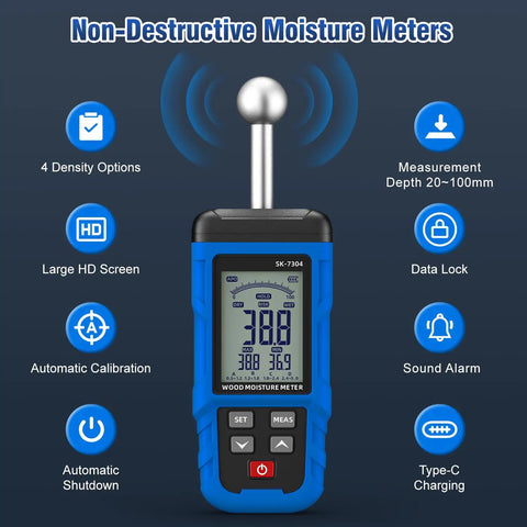Rechargeable Pinless Moisture Meter For Drywall, Wood, Walls, And Masonry, Non Destructive Humidity Detector With 20 To 100 Mm Measuring Depth, Type C Charging, Pro Grade, Handy For Lumber, Concrete, And More, Blue; front view
