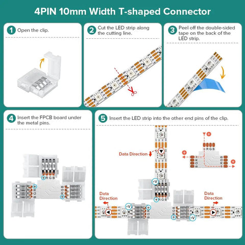 Instructional diagram showing assembly of 4 Pin 10mm SMD LED Connector Kit with L splitter and right angle T shape solderless gapless connectors for WS2815.