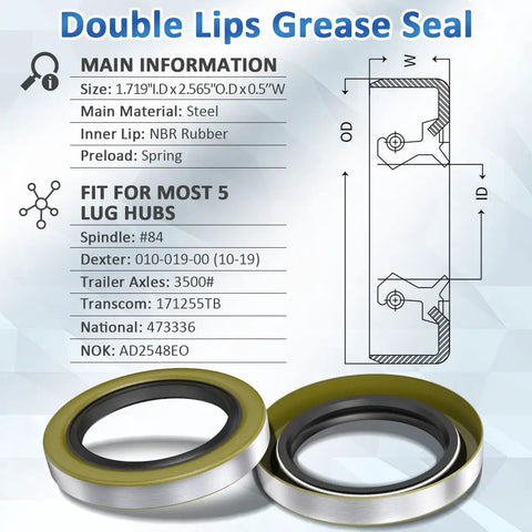 4 Pack Trailer Axle Hub Grease Seals 1.719 I.D. X 2.565 O.D Fits Dexter 01001900 EZ Lube Axles 3500 Lb Double Lips Seal Diagram