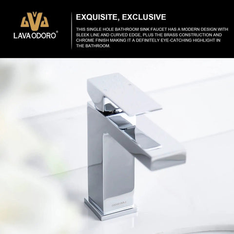 Polished Chrome Single Hole Bathroom Faucet With Pop Up Drain, Solid Brass Construction, Lead Free And ADA Compliant, Easy Install Vanity Sink Faucet, Deck Plate Included, No Fuss Modern Minimalist Look For Busy Bathrooms on white counter