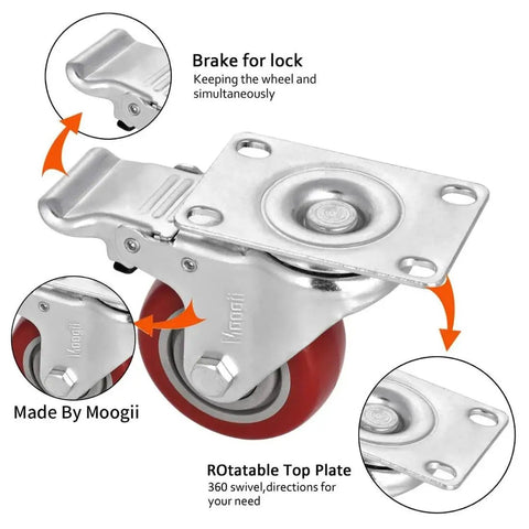 Rock Solid Heavy Duty Swivel Casters With Twin Locking Brakes And Tough 5 Inch Steel Wheels close-up showing brake lock and swivel top plate.