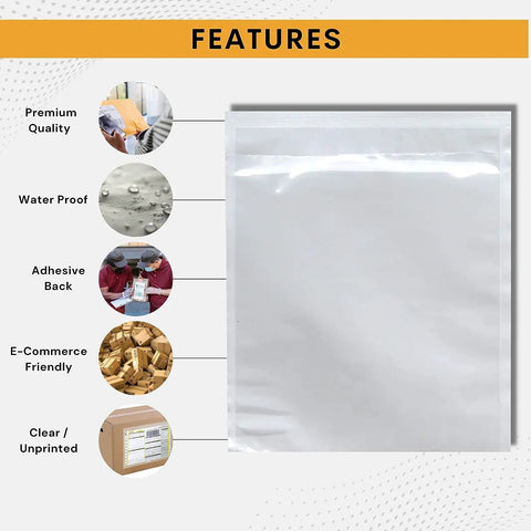 1000 Pack 6X10 Clear Shipping Label Sleeves With Heavy Duty Self Adhesive Backing For Waterproof Packing Slip Pouches and Fast Doc Storage displayed with features.