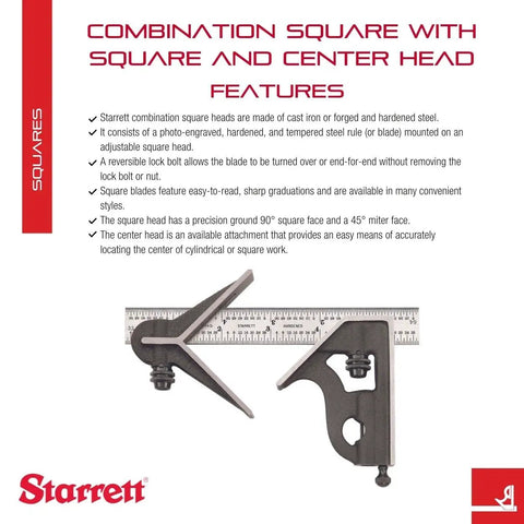 6 Inch Steel Combination Square With Square And Center Heads, Cast Iron Construction, Hardened Steel Blade on white background