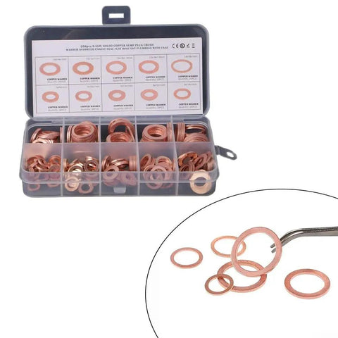 Heavy Duty 200 Piece Red Copper Flat Washer Assortment Kit Metric Sizes M5 To M14 For Ultimate Leak Proof Sealing On Your Cars And Engines Plus Hydraulic Systems Banjo Oil Pan Drain Plugs And Fittings Stay Sealed Like A Boss Even Under Stress., copper washers in storage case, assorted metric sizes