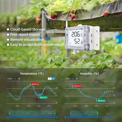 GS1 AETH1RS Ethernet And WiFi Temperature Humidity And Illumination Sensor installed in greenhouse with temperature and humidity data.