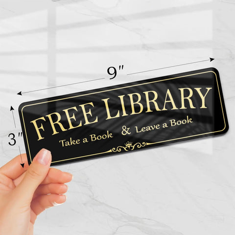 Acrylic 9x3 Inch Free Library Sign Self Stick Door Wall Signage for DIY Projects, Royal Black Finish, shown in a hand.