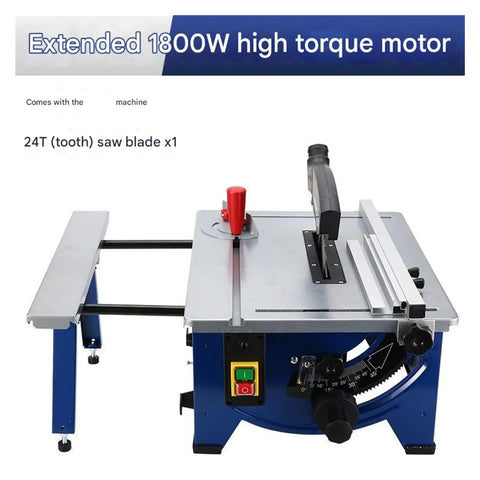 High Octane Eight Inch Sliding Table Saw With Industrial Dust Guard And Reliable Zero To Forty Five Degree Pivot Tilts For Hands On Woodworkers Wanting Dead On Cuts Without The Hassle, featuring 1800W motor and 24T blade.