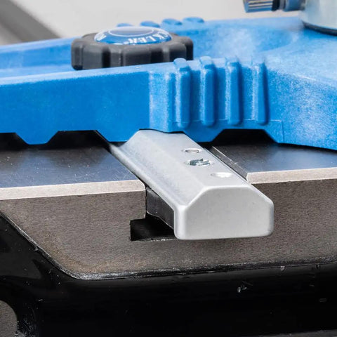 Table Saw Alignment Gauge With Precision Dial Indicator For Perfect Parallel Cuts, blue tool on saw miter slot