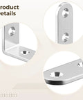Close-up of 20 Pcs Right Angle Brackets With Screws Stainless Steel L Brackets for Furniture Shelves and Cabinets in brushed finish.