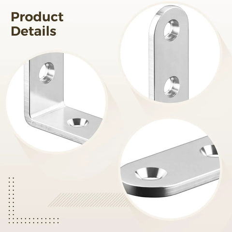 Close-up of 20 Pcs Right Angle Brackets With Screws Stainless Steel L Brackets for Furniture Shelves and Cabinets in brushed finish.