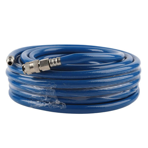 Flexible Blue PVC Pneumatic Air Hose Heavy Duty For Compressors With One Quarter Inch Mnpt Quick Connector 9.5 mm 15 Meter 3 Layer High Pressure 20 Bar Anti Kink No BS Stuff That Really Works Well On Site Today. coiled with quick connector