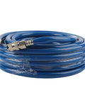 Heavy Duty Flexible Pneumatic PVC Hose 15M Blue Air Tubing coiled with metal fittings for workshop air supply.