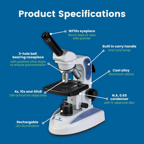 Monocular Compound Microscope With 40X To 400X Magnification, Cordless LED Illumination, Disc Diaphragm, product specs labeled