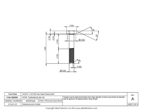 Front view image of Pack Of Ten 1/4-20 By 1 1/2 Inch Grade Two Pure Titanium Hex Head Bolts showing precise dimensions.