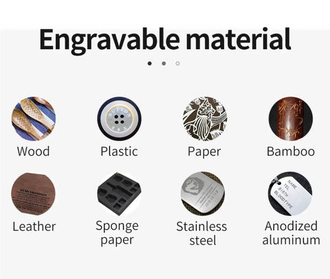 Engravable materials for Badass Eighty Watt Blue Laser Engraver for Metal and Wood Cutting: wood, plastic, paper, bamboo, leather, sponge paper, stainless steel, aluminum.