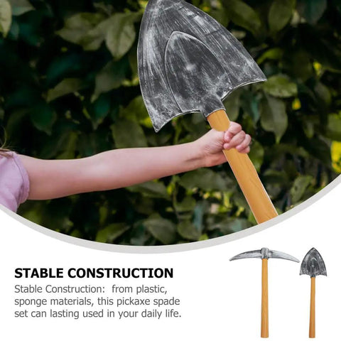Child holding lightweight plastic and sponge shovel from Two Piece Foam Pickaxe And Shovel Props For Mine Cosplay Party Decor.