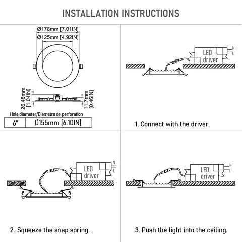 Installation instructions for 12 Pack 6 Inch Ultra Thin LED Recessed Down Lights With J Box 3000K Warm White 12W Dimmable