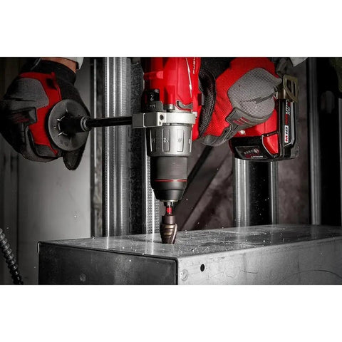 Kick Some Metal With These Heavy Duty Step Drill Bits Optimized For Impact Drivers Featuring A Dual Spiral Flute And Rapid Strike Tip That Boil Down To Twice The Speed Of Others While Keeping Starts Fast And Accurate No Messing Around. Impact drill bit in cordless driver drilling metal sheet.