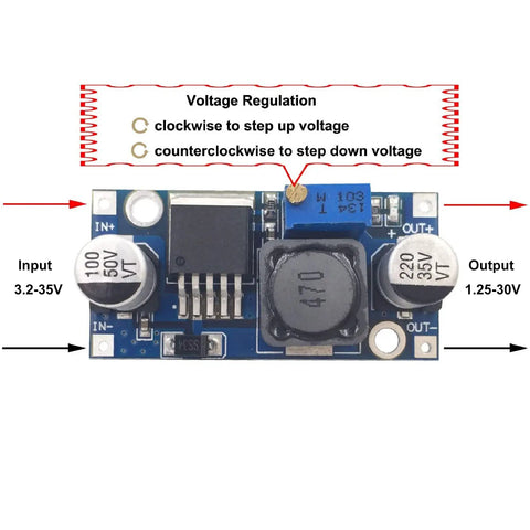 Diagram of a 6 Pack DC To DC Buck Converter Kit With LM2596 Regulator showing input, output, and voltage adjustment instructions.
