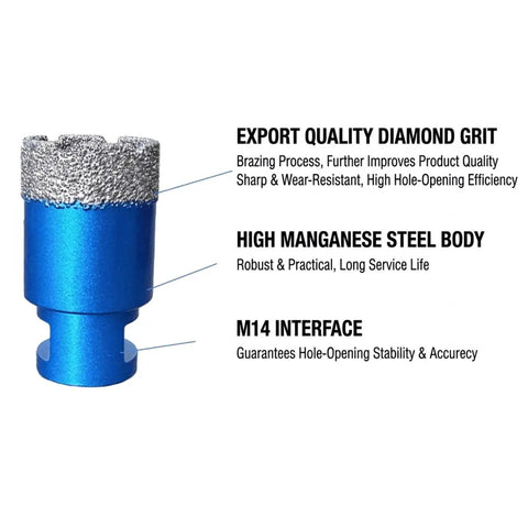 Rock Solid 12Pc Brazed Diamond Tile Hole Saw Kit M14 Set For Cutting Marble, Stone, Ceramic, Brick And Glass With Professional Precision Durability And Heavy Duty Performance For All Your Home Reno Projects. blue M14 diamond hole saw with brazed grit and steel body
