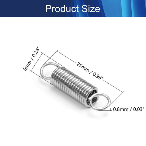 Stainless steel tension spring with dual end loops, 25mm long, 6mm coil diameter, 0.8mm wire