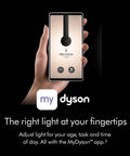 Smartphone showing lighting app interface with MyDyson app, adjusting light for age, task, and time, held by a hand.