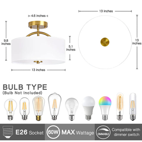 Diagram of 13 Inch Mid Century Modern Flush Mount Ceiling Light With Cream White Fabric Shade And Antique Brass Finish 3 Light Drum Fixture For Bedroom Dining Room Foyer And Kitchen; dimensions and bulb types specified.