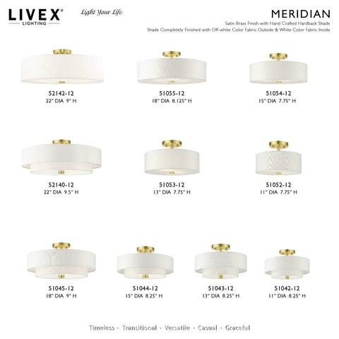 Meridian Collection 4-Light Semi-Flush Mount Ceiling Light With Off-White Fabric Shade in Satin Brass Finish product lineup