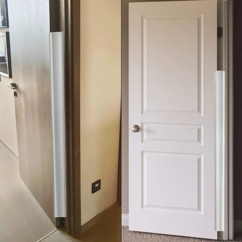 Totally Pinch Proof Door Guard And Protector Set For Kids Smart Rubber Hinge Stopper installed on door edges for safety.