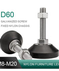 Heavy Duty Universal Adjustable Leveling Feet With Rock Solid Swivel Support Legs Featuring M8 Up To M20 Threads Built Tough For Garage Gear Kitchen Cabinets And Workshop Machinery close-up with galvanized screw and nylon chassis.