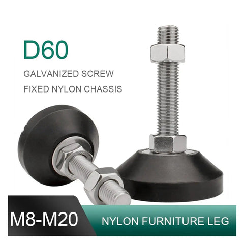 Heavy Duty Universal Adjustable Leveling Feet With Rock Solid Swivel Support Legs Featuring M8 Up To M20 Threads Built Tough For Garage Gear Kitchen Cabinets And Workshop Machinery close-up with galvanized screw and nylon chassis.
